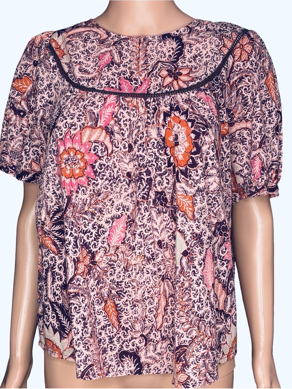 Madewell Pink Floral Puff-Sleeve Blouse with Burgundy Trim Medium